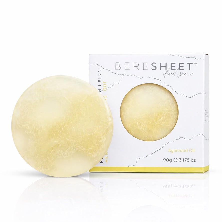Bar of soap with packaging labeled 'Beresheet' on a white background