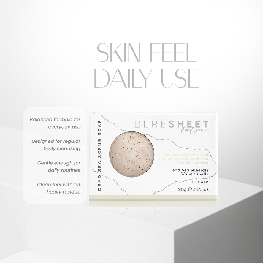Beresheet Dead Sea Scrub Soap packaging on a white background