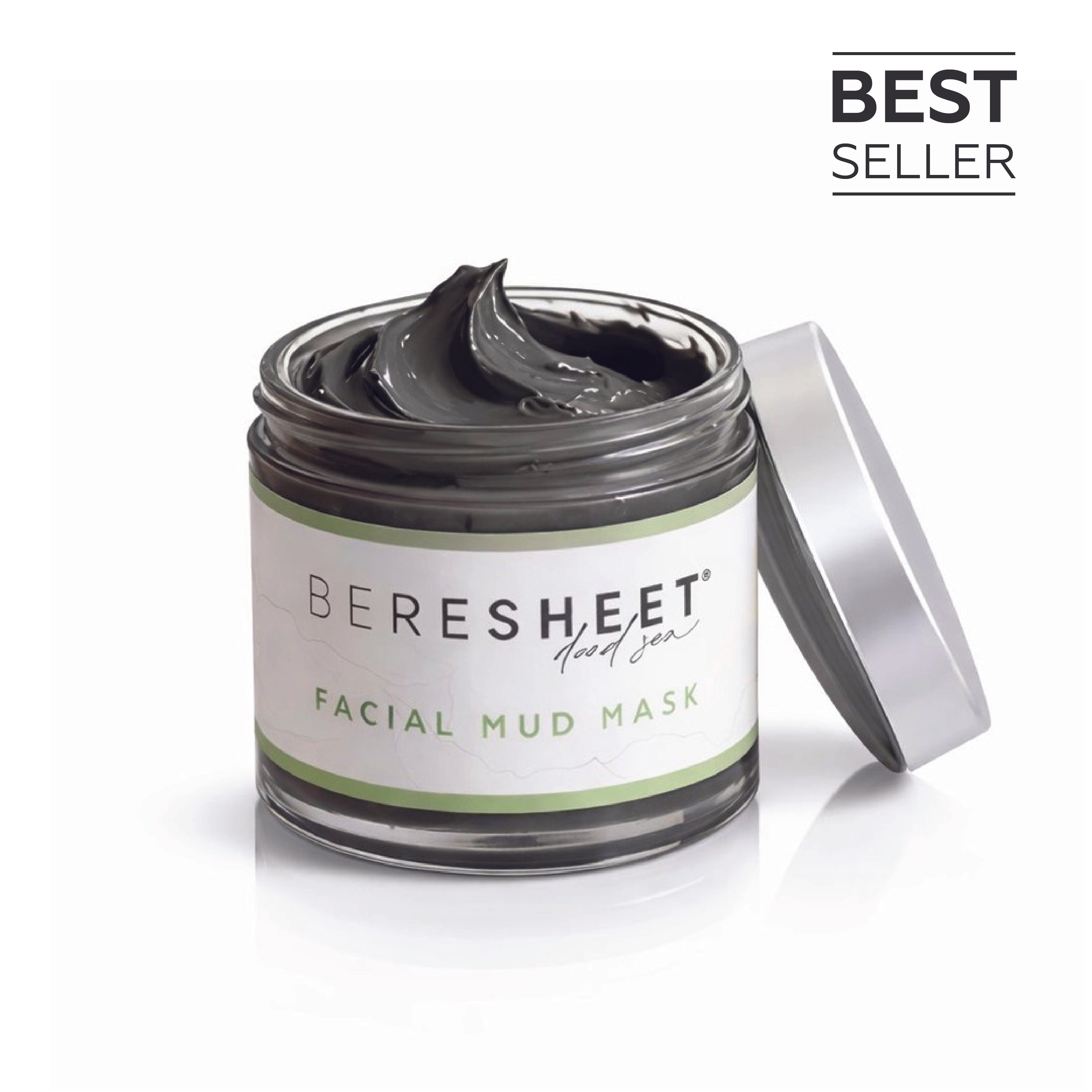 Facial mud mask jar with 'Beresheet' branding on a white background