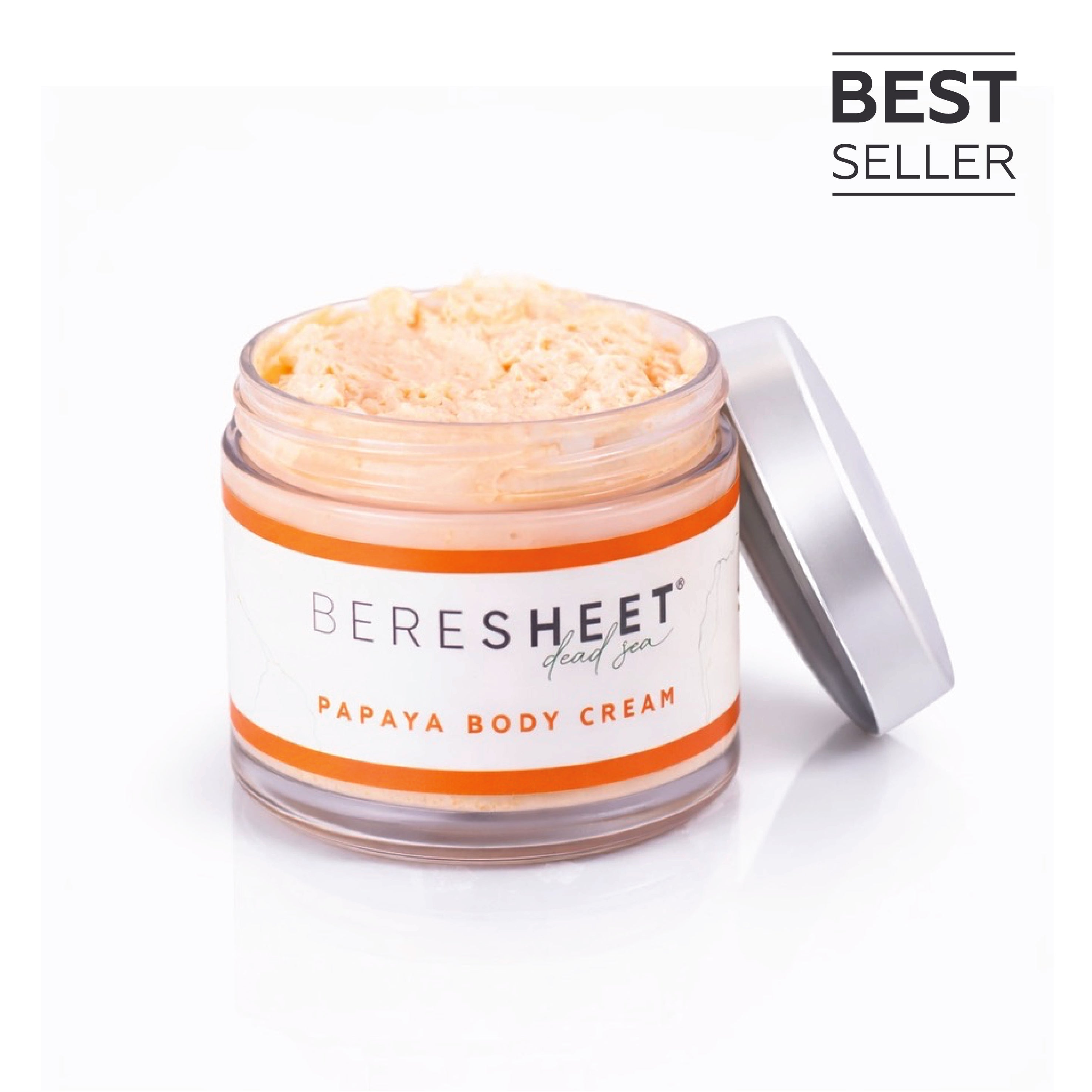 Papaya body cream jar with 'Beresheet' branding on a white background