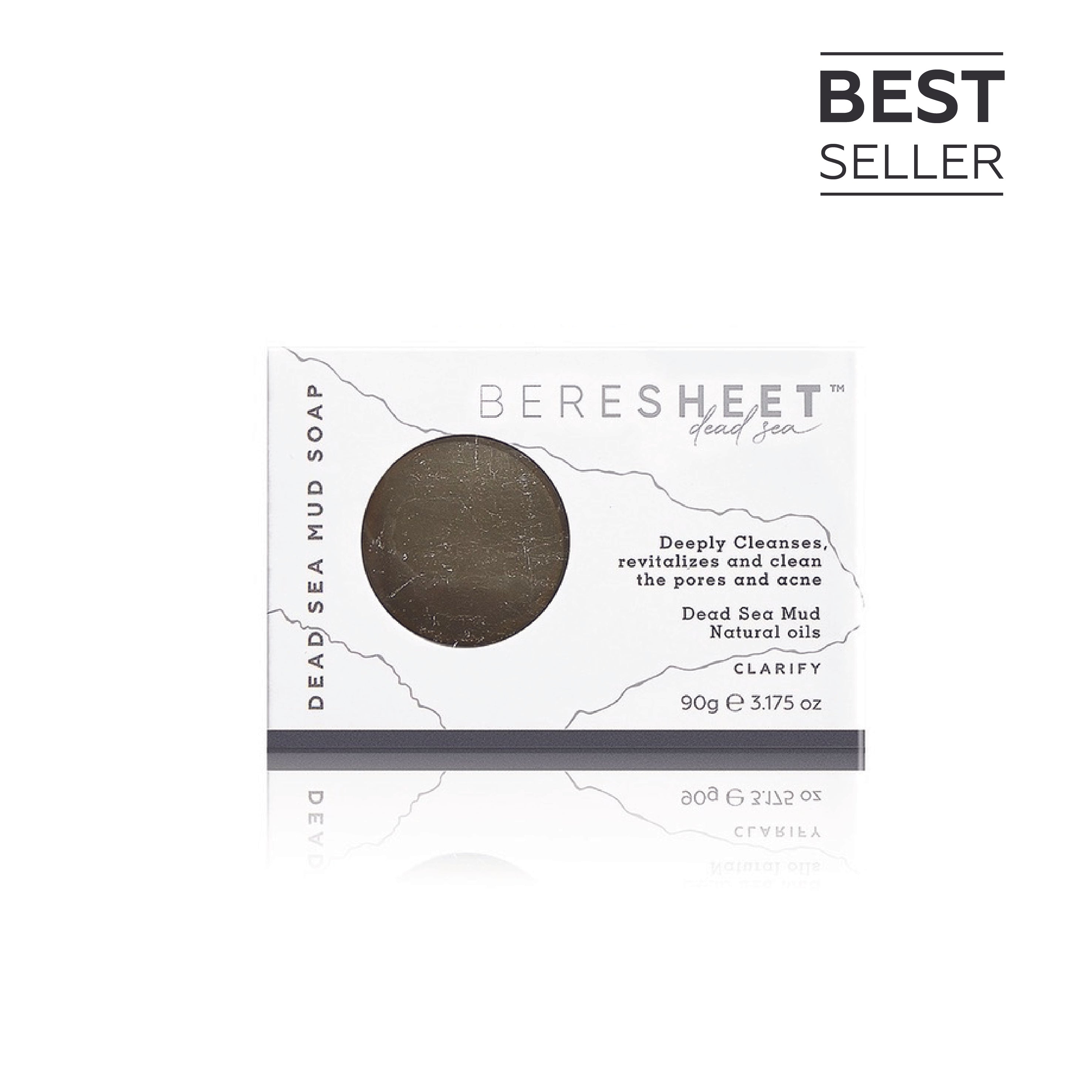 Beresheet Dead Sea mud soap packaging with branding and product details on a white background.