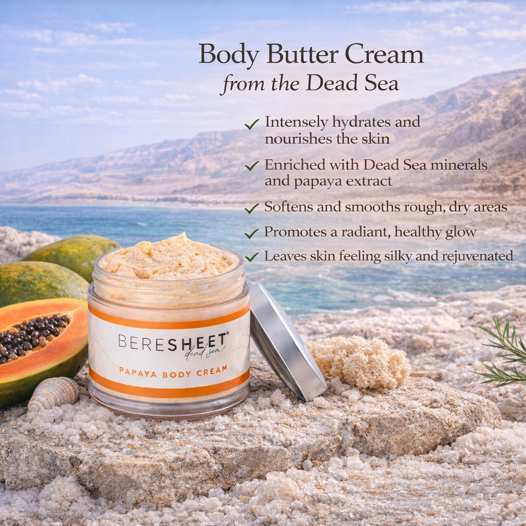 Jar of Beresheet Papaya Body Cream with Dead Sea view and papaya slices.