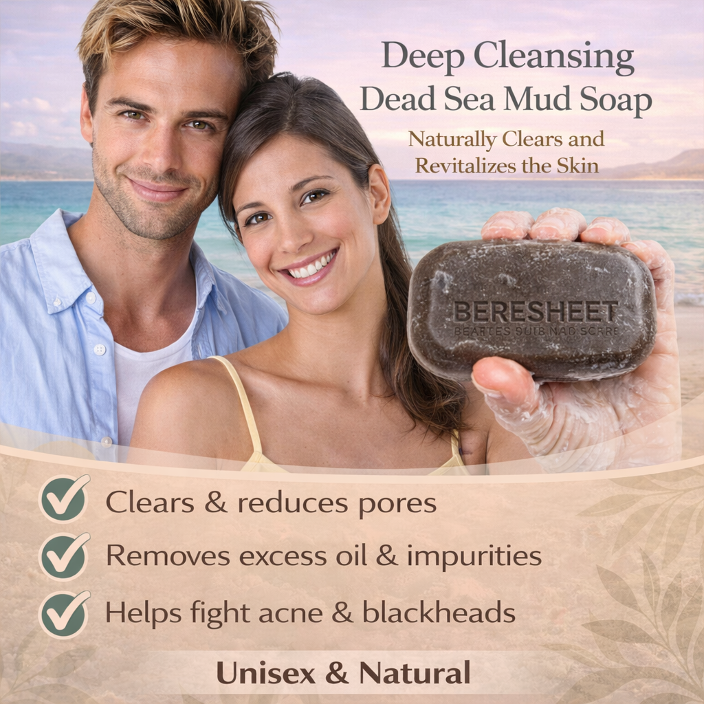 Couple holding a bar of Beresheet Dead Sea Mud Soap with beach background