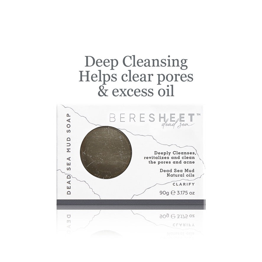 Dead Sea Mud Soap packaging with text on a white background