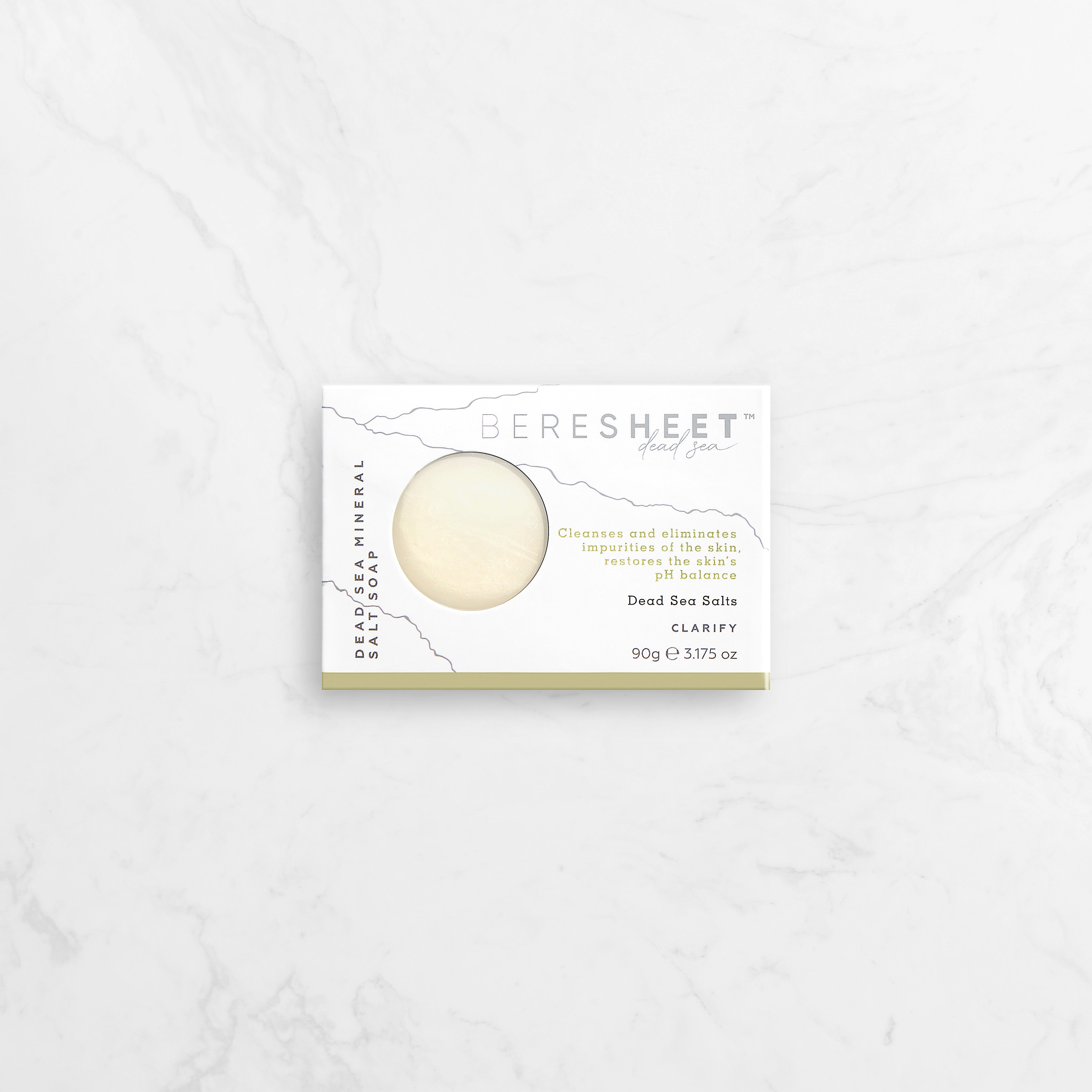 Beresheet Dead Sea Salt bar soap packaging on a white background
