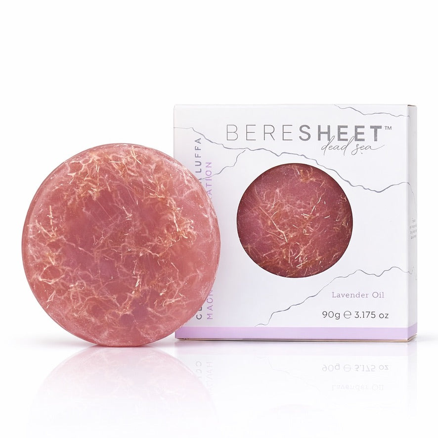 Pink marbled soap bar with 'Beresheet' packaging on a white background