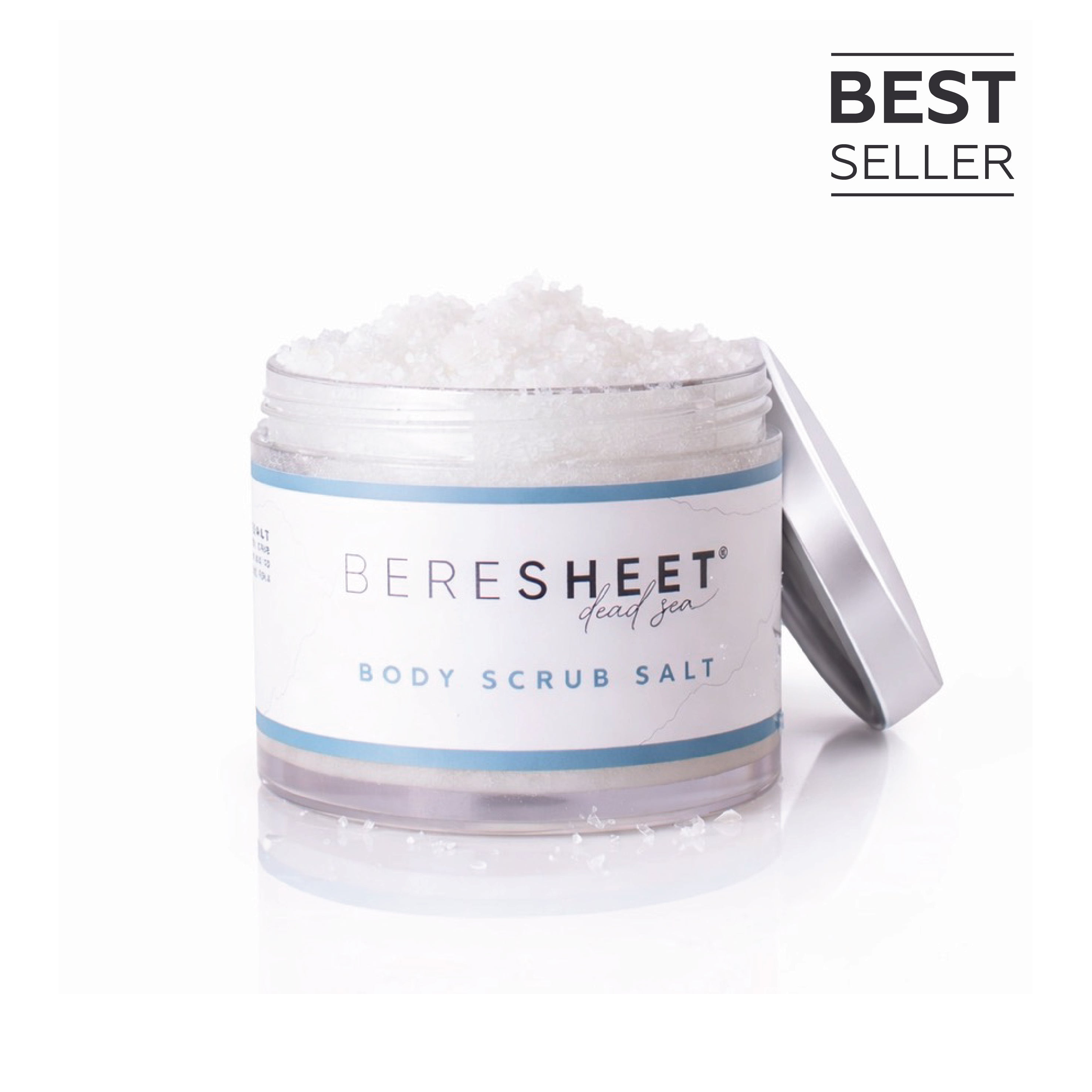 Jar of Beresheet body scrub salt with 'Best Seller' text on a white background