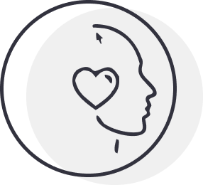 Outline of a person's head with a heart symbol and circular arrow, on a white background.
