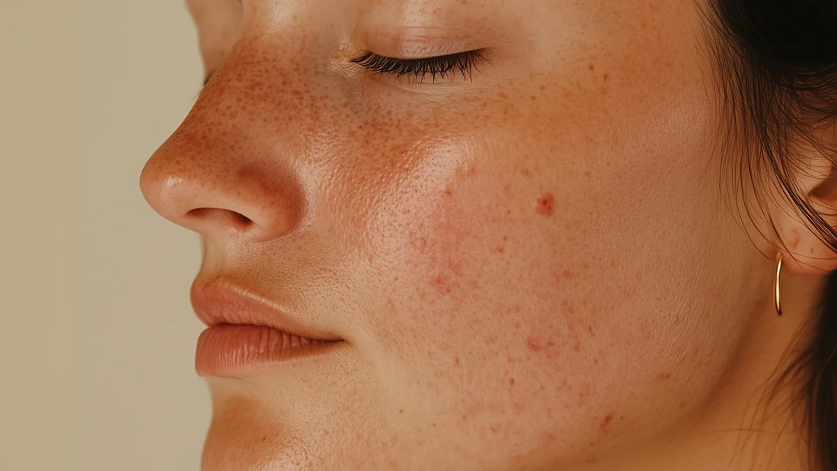 Close-up of a person's face with visible acne on a beige background