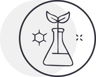 Icon of a beaker with a plant growing out of it, surrounded by star symbols on a white background.