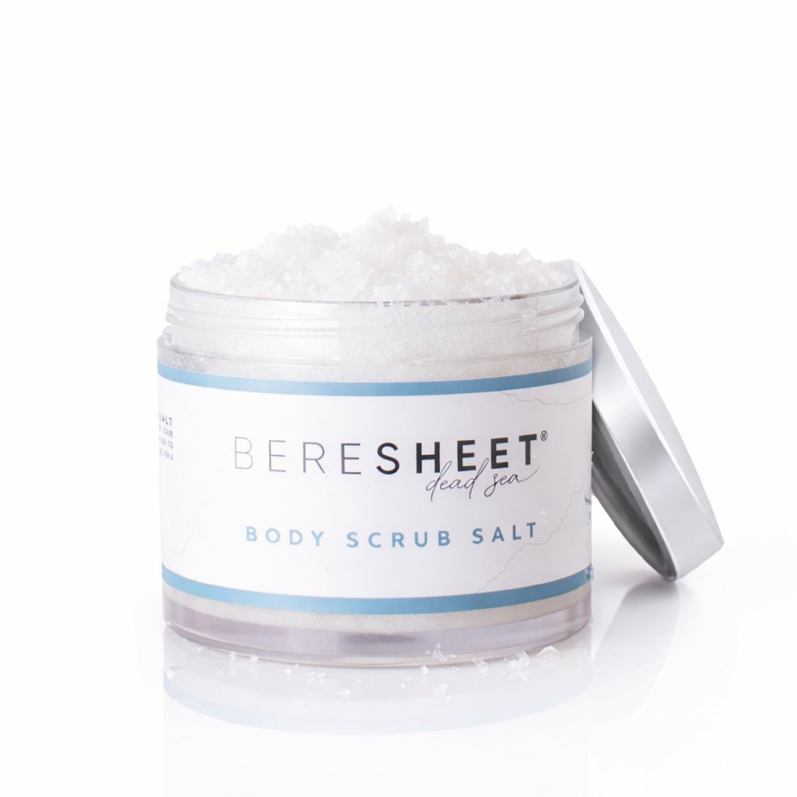 Jar of Beresheet body scrub salt with a white background